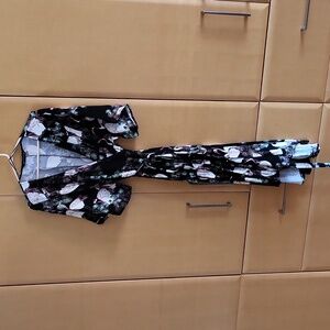 Zara Black Crane Print Wrap Midi Dress XXL Kimono Sleeve